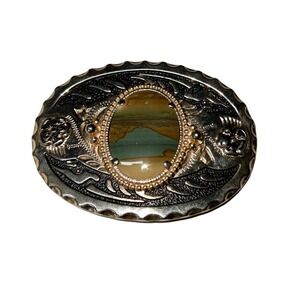 Western Silver Tone Belt Buckle With Semi Precious‎ Stone Southwestern Rodeo